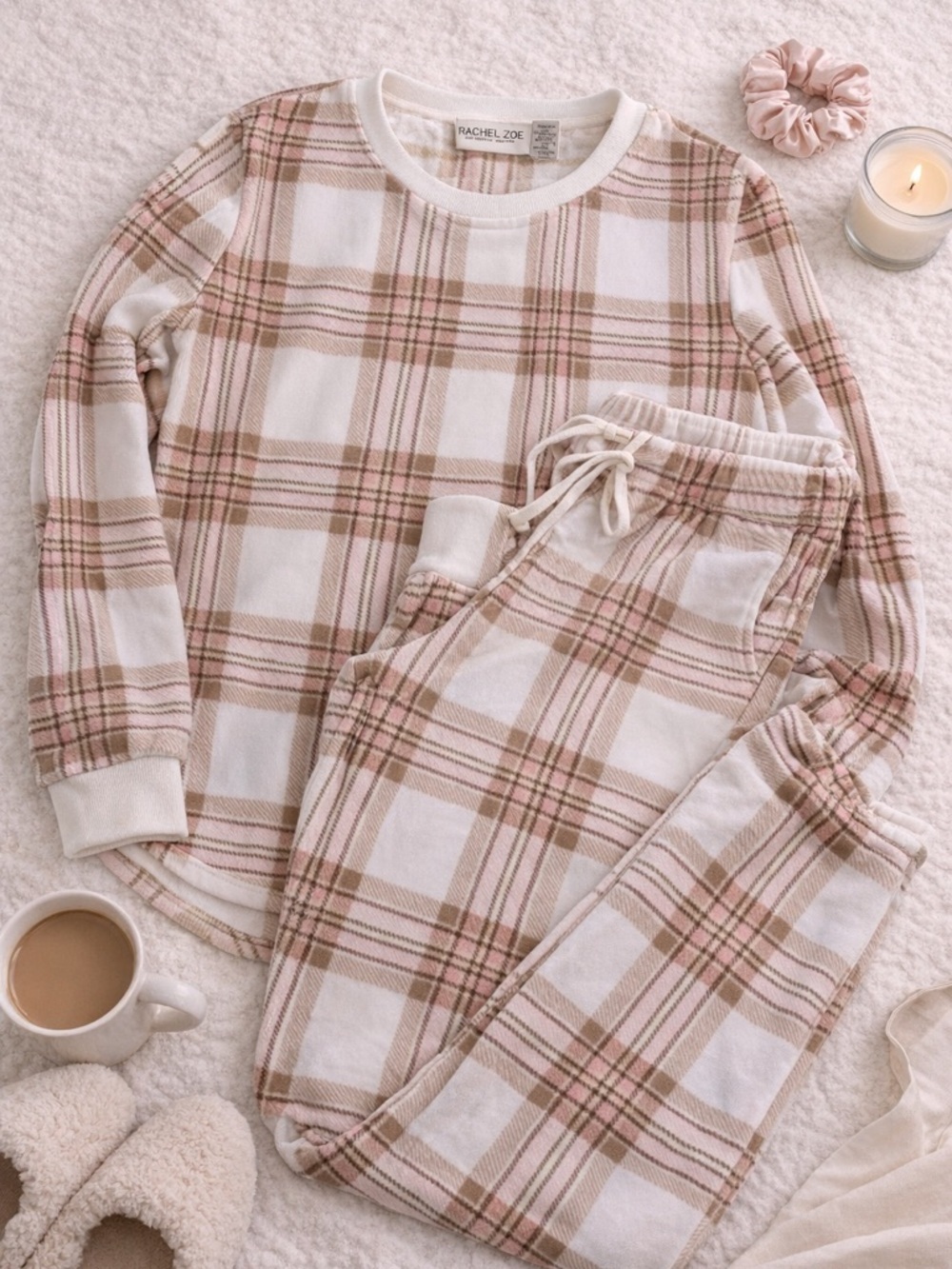 Rachel Zoe Plaid Lounge Set Pink Tan Cozy Pajama Set Size M